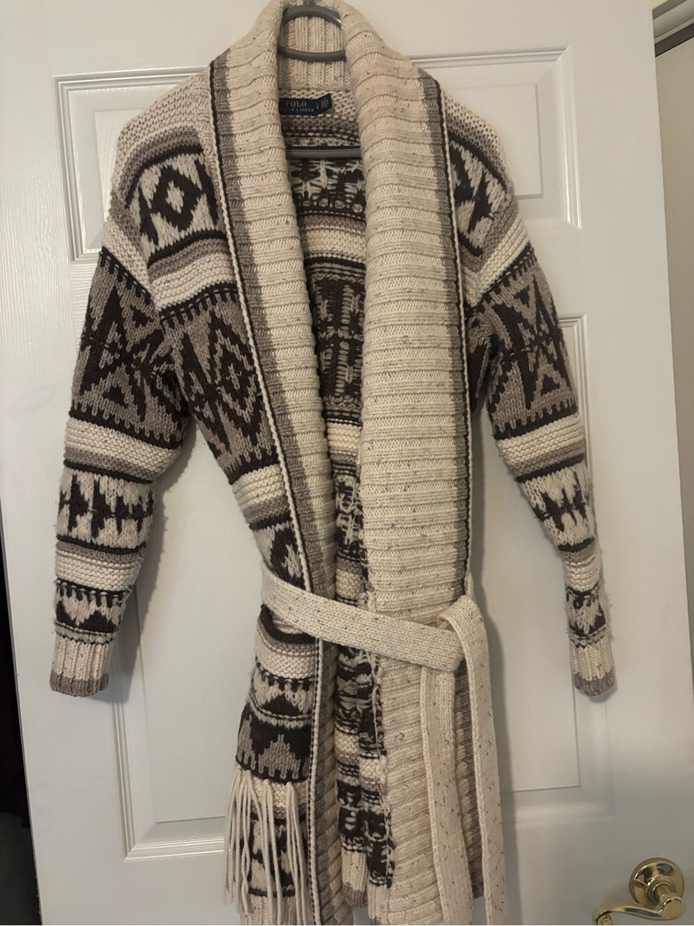Ralph Lauren Neutral Geometric Shawl Cardigan in Cream and Brown